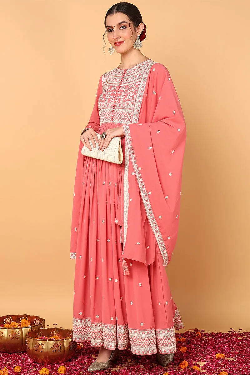 Pink Georgette Embroidered Thread Work Flared Kurta Set