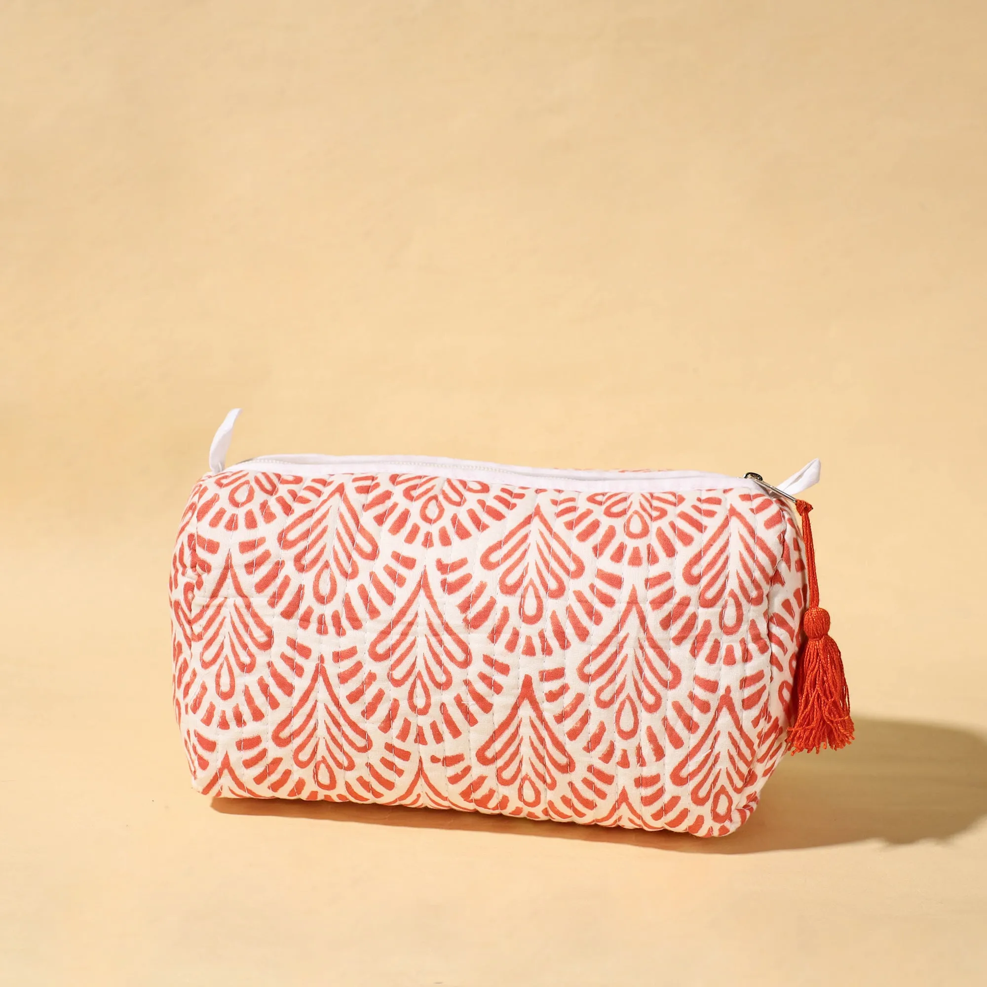 Pink - Handmade Cotton Fabric Quilted Utility Pouch With Tassel