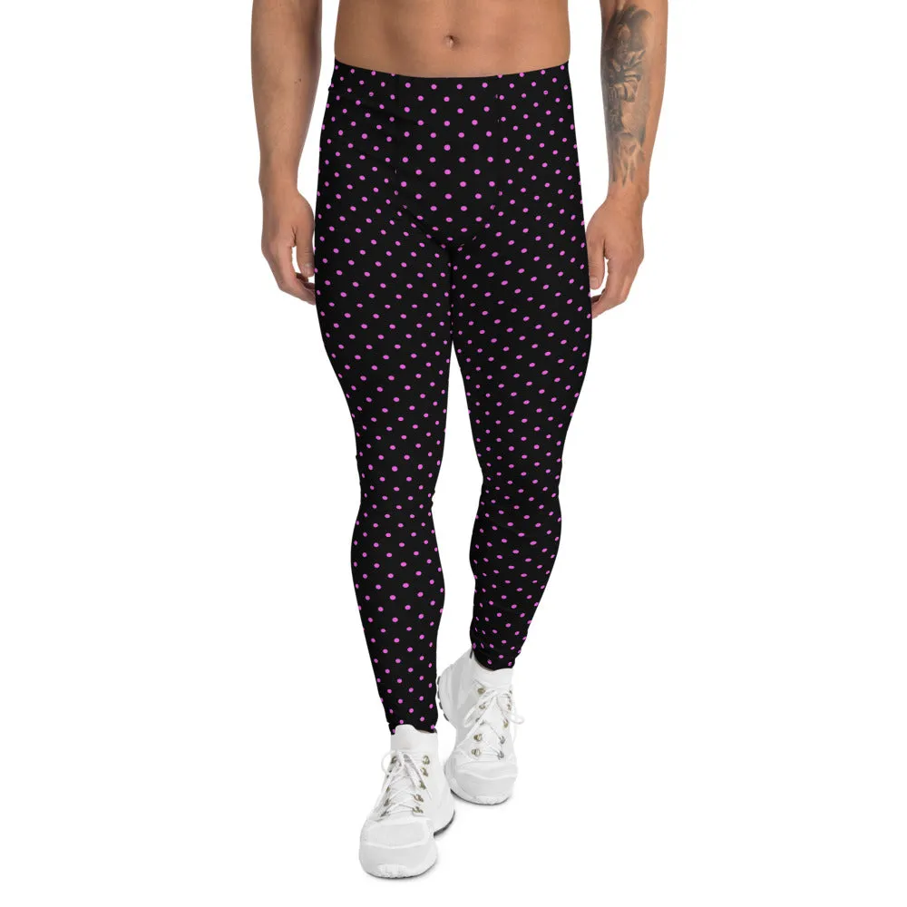 Pink Polka Dots Men's Leggings, Pink Black Best Dotted Classic Running Tights For Men-Made in USA/MX/EU