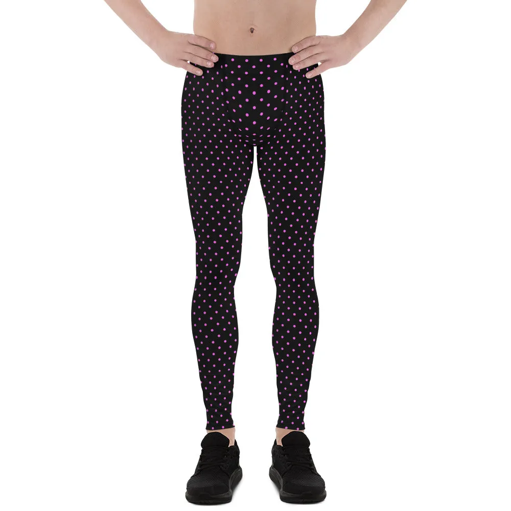 Pink Polka Dots Men's Leggings, Pink Black Best Dotted Classic Running Tights For Men-Made in USA/MX/EU