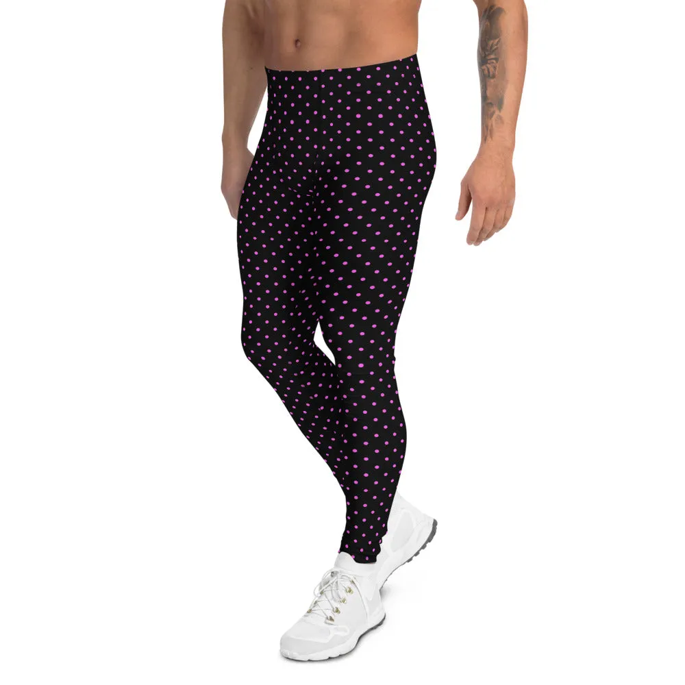 Pink Polka Dots Men's Leggings, Pink Black Best Dotted Classic Running Tights For Men-Made in USA/MX/EU