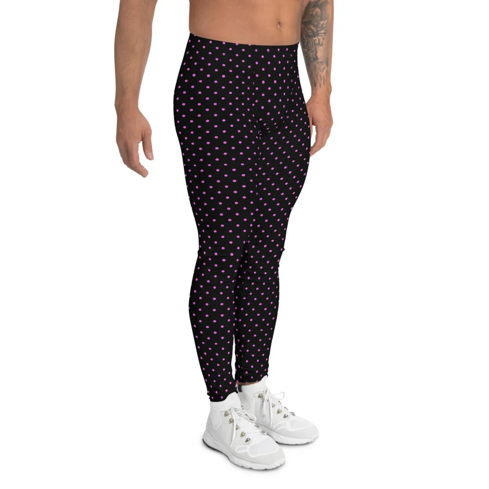 Pink Polka Dots Men's Leggings, Pink Black Best Dotted Classic Running Tights For Men-Made in USA/MX/EU