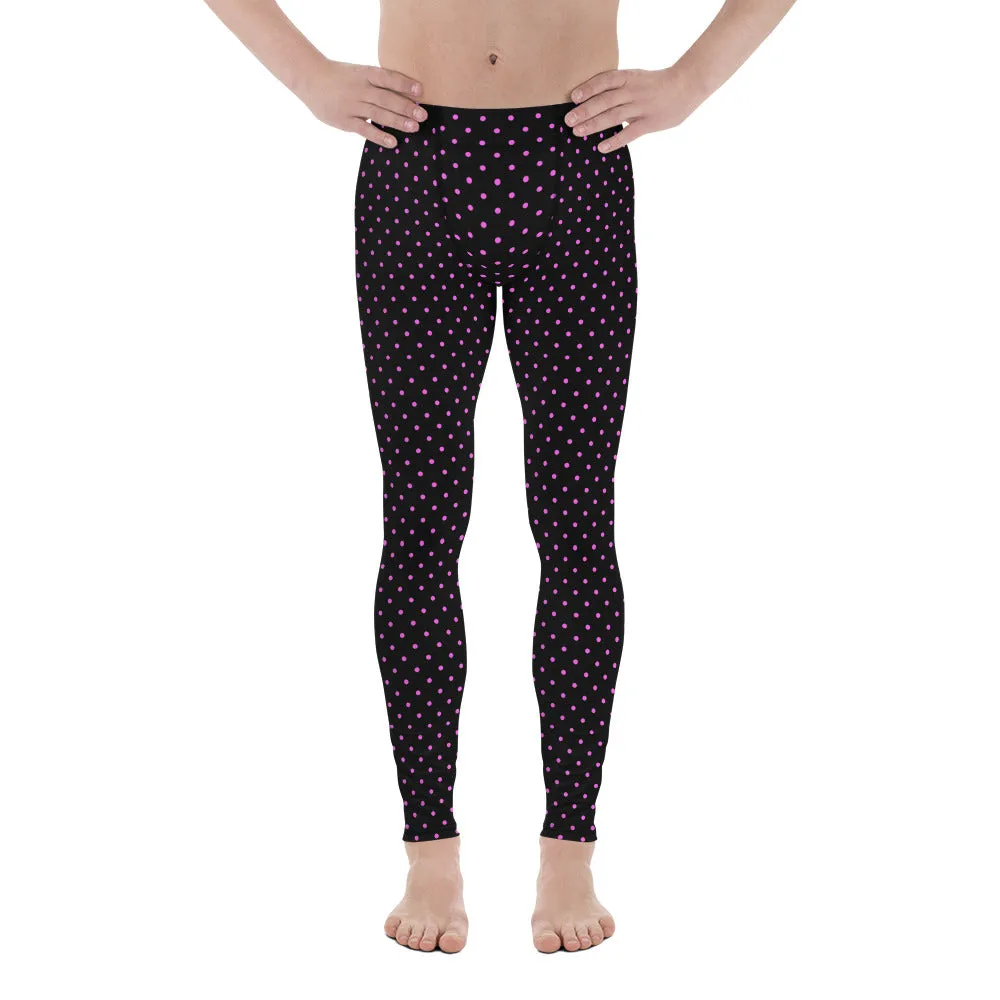 Pink Polka Dots Men's Leggings, Pink Black Best Dotted Classic Running Tights For Men-Made in USA/MX/EU