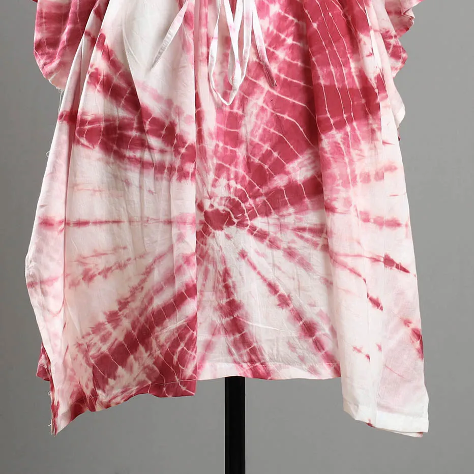 Pink - Shibori Tie-Dye Cotton Kaftan with Tie-Up Waist (Medium)