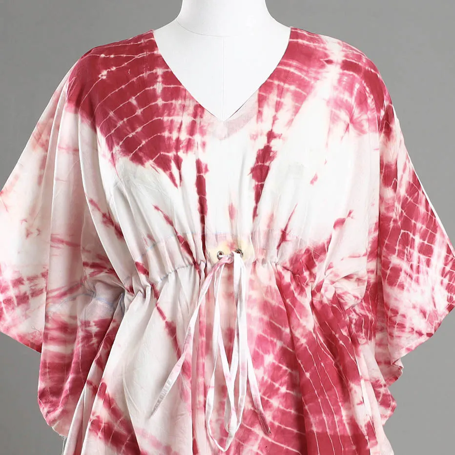 Pink - Shibori Tie-Dye Cotton Kaftan with Tie-Up Waist (Medium)