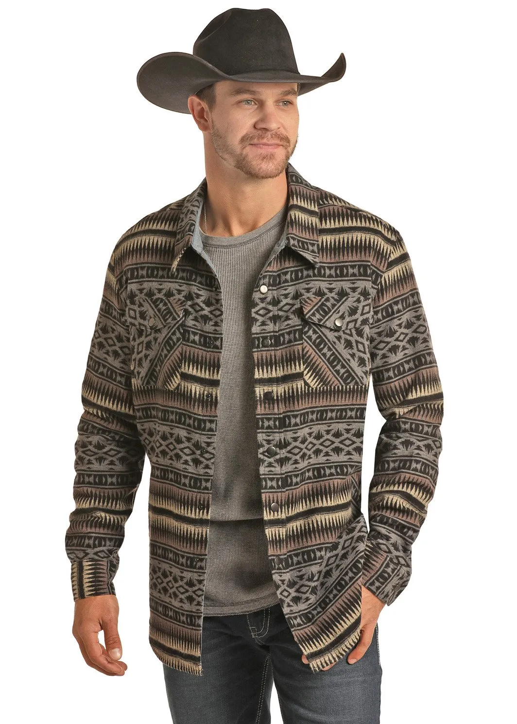 Powder River Outfitters Men's Grey Aztec Print Shirt Jacket