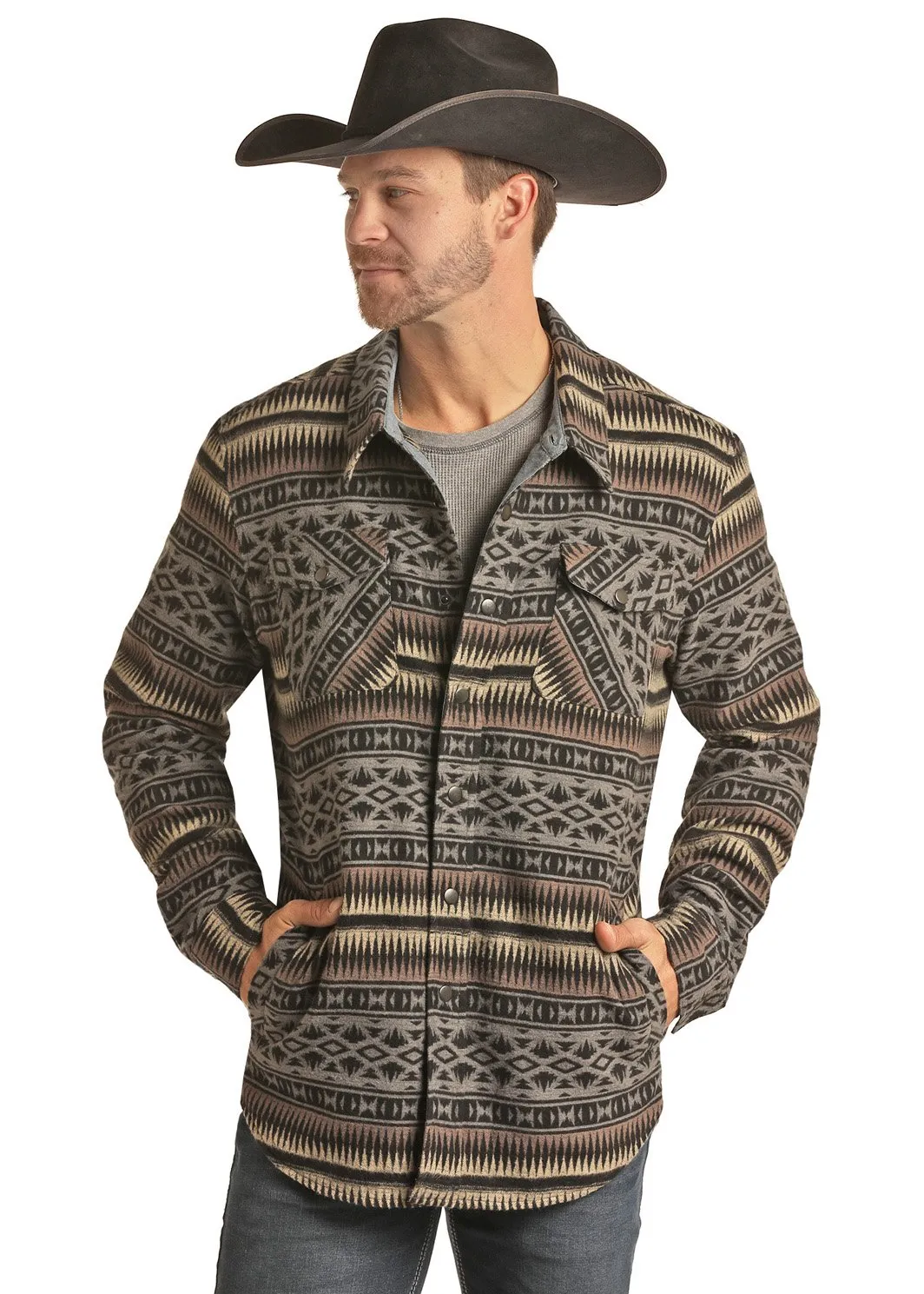 Powder River Outfitters Men's Grey Aztec Print Shirt Jacket