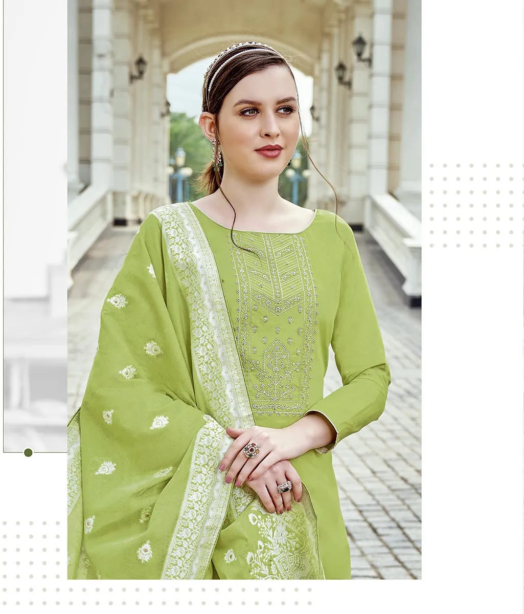 Pure Cotton Green Unstitched Suit Material with Lucknowi Work