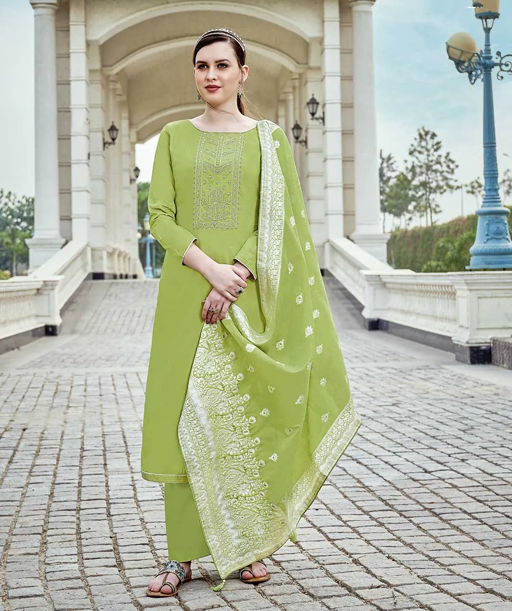 Pure Cotton Green Unstitched Suit Material with Lucknowi Work