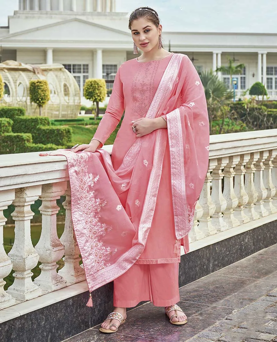 Pure Cotton Pink Unstitched Suit Material with Lucknowi Work