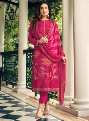 Pure Muslin Printed Party Wear Pink Unstitched Women Suit Material