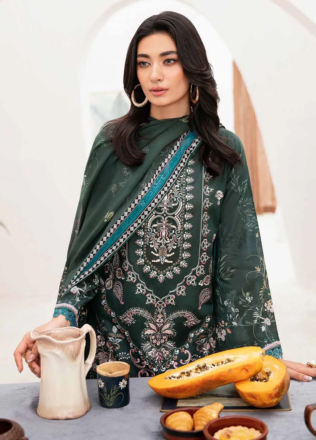 Ramsha Unstitched Green Pure Pakistani Lawn Suit for Women