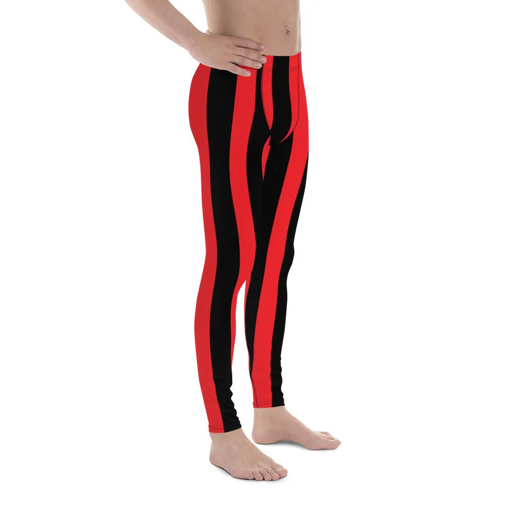 Red Black Stripes Men's Leggings, Designer Vertically Striped Meggings For Men-Made in USA/EU/MX