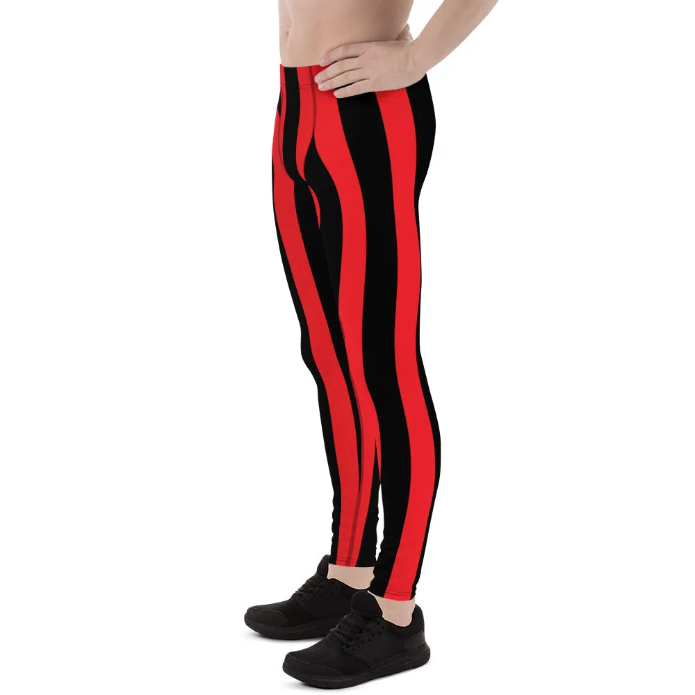 Red Black Stripes Men's Leggings, Designer Vertically Striped Meggings For Men-Made in USA/EU/MX