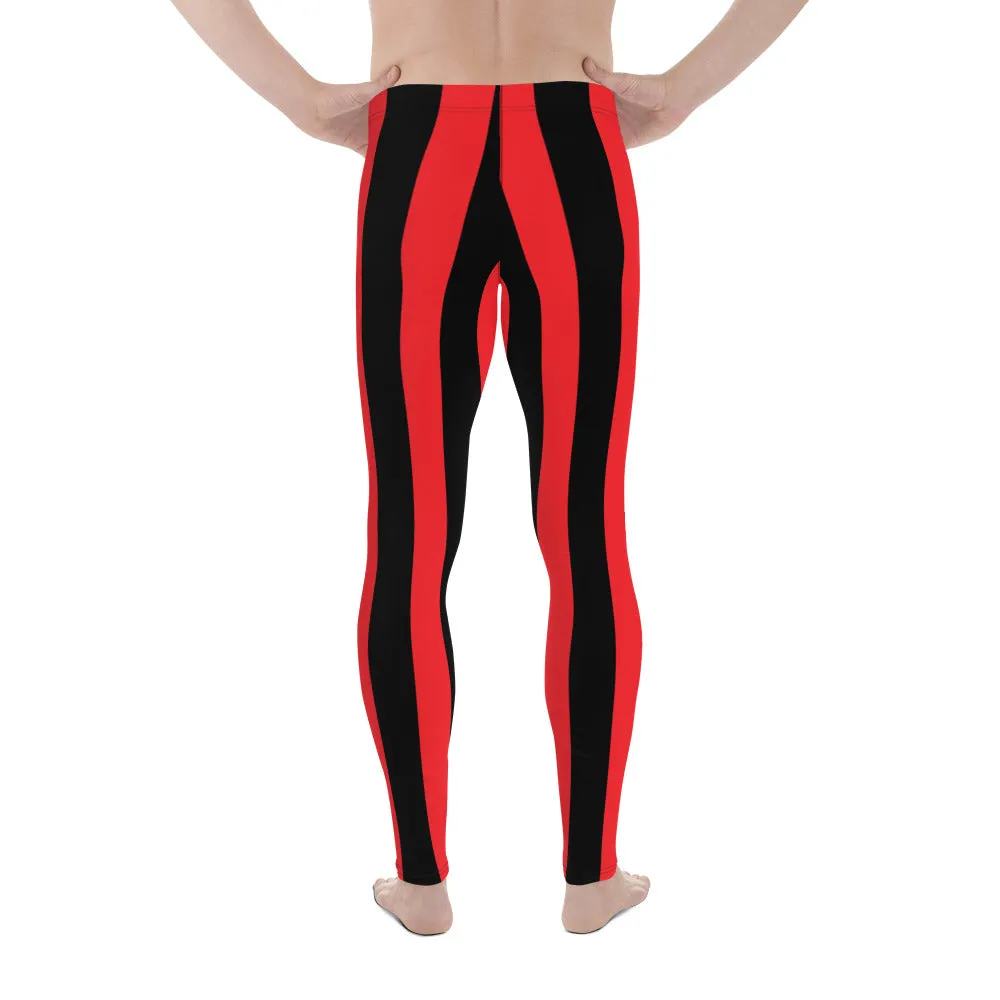 Red Black Stripes Men's Leggings, Designer Vertically Striped Meggings For Men-Made in USA/EU/MX