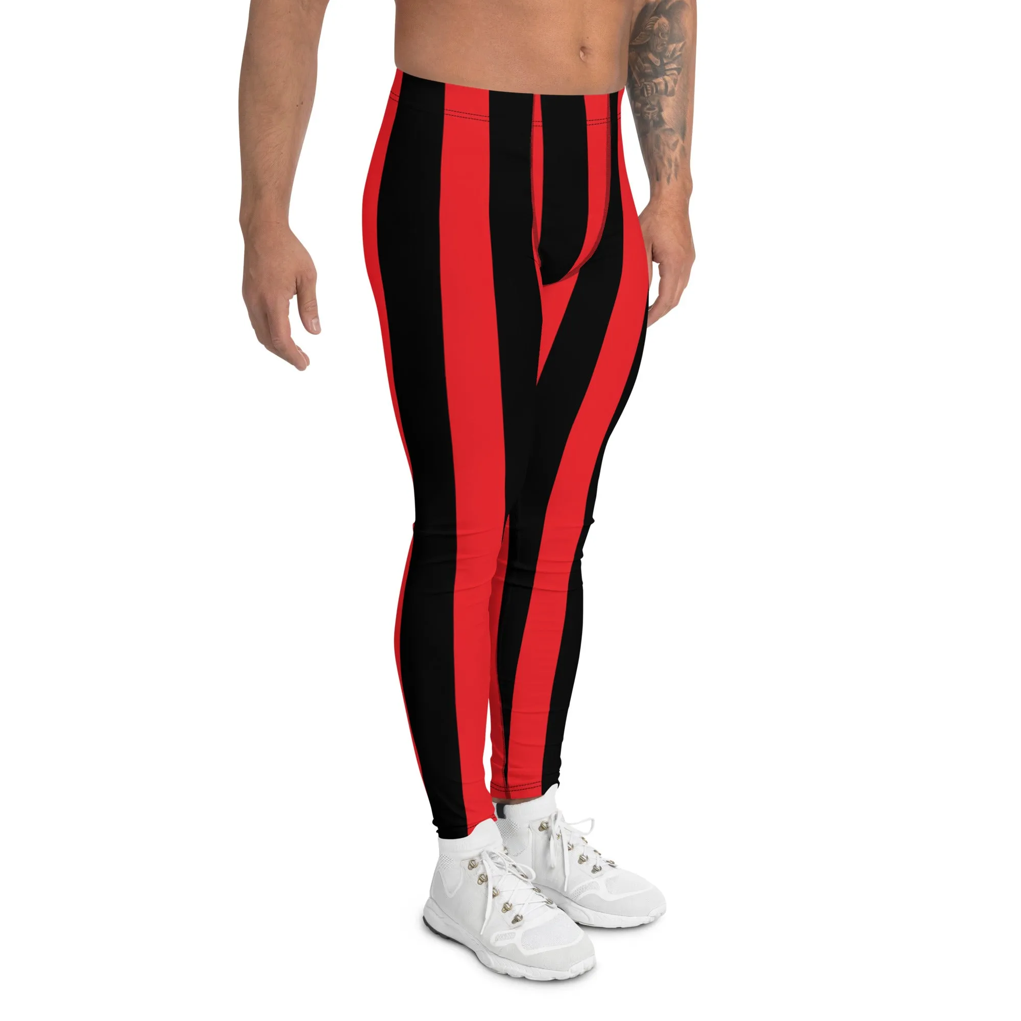 Red Black Stripes Men's Leggings, Designer Vertically Striped Meggings For Men-Made in USA/EU/MX