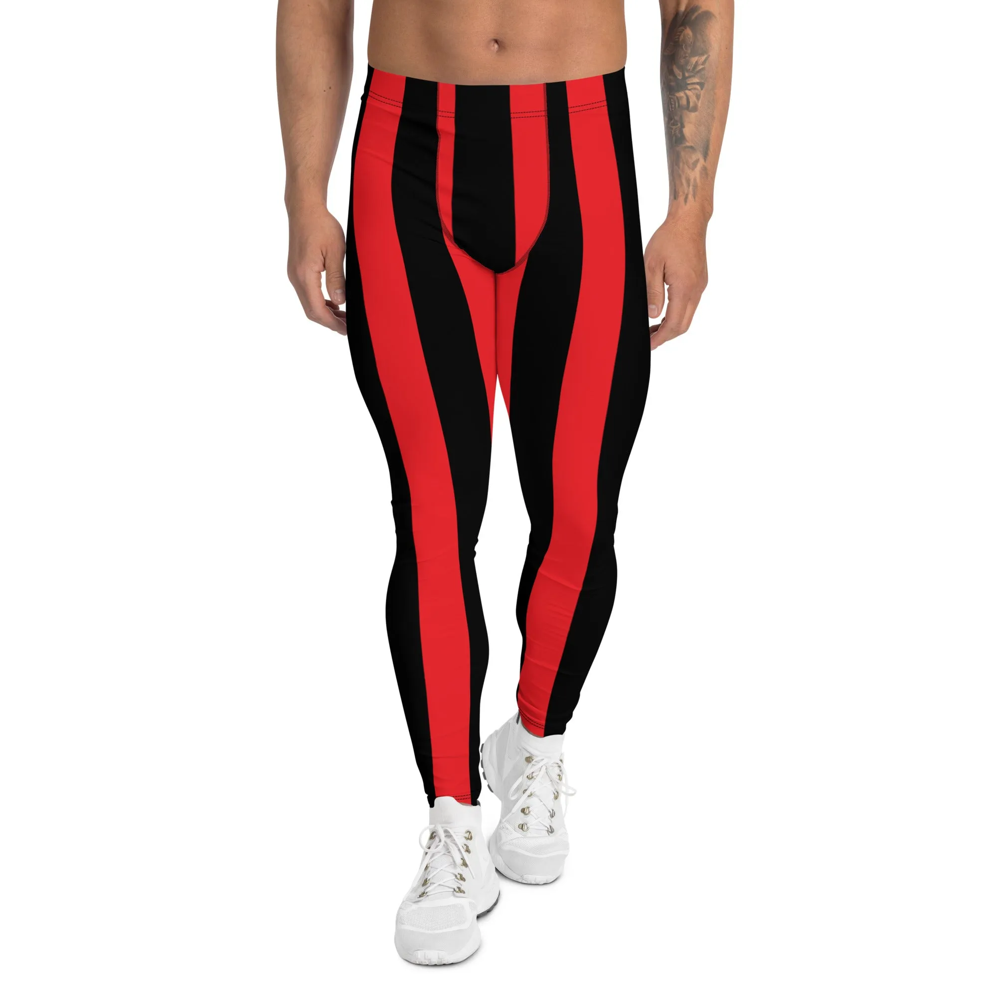 Red Black Stripes Men's Leggings, Designer Vertically Striped Meggings For Men-Made in USA/EU/MX