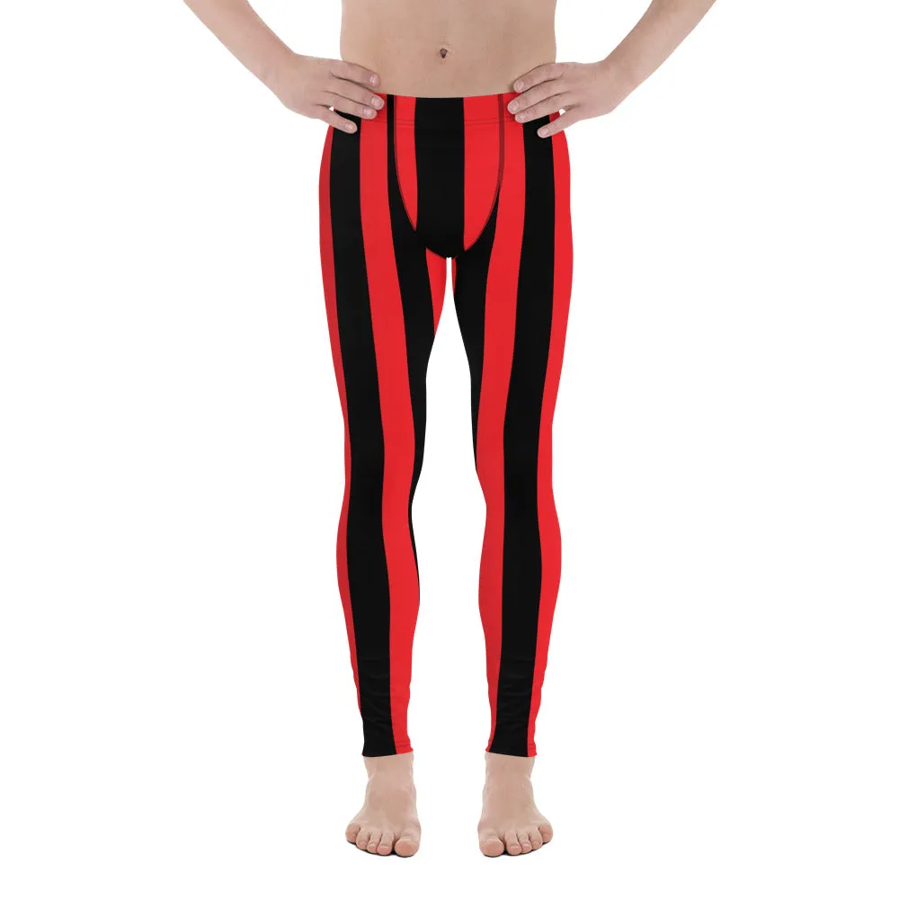 Red Black Stripes Men's Leggings, Designer Vertically Striped Meggings For Men-Made in USA/EU/MX