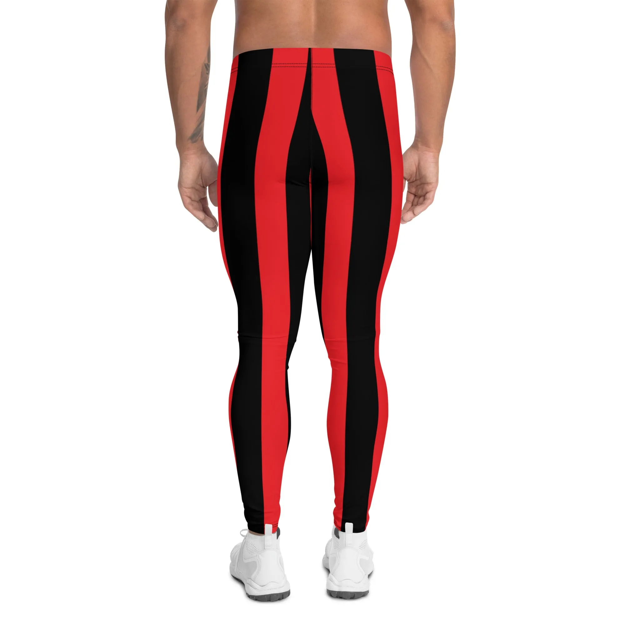 Red Black Stripes Men's Leggings, Designer Vertically Striped Meggings For Men-Made in USA/EU/MX