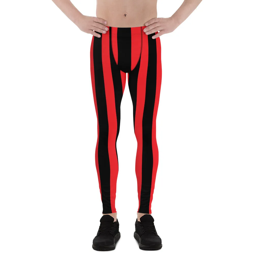 Red Black Stripes Men's Leggings, Designer Vertically Striped Meggings For Men-Made in USA/EU/MX