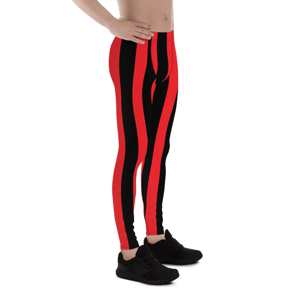 Red Black Stripes Men's Leggings, Designer Vertically Striped Meggings For Men-Made in USA/EU/MX