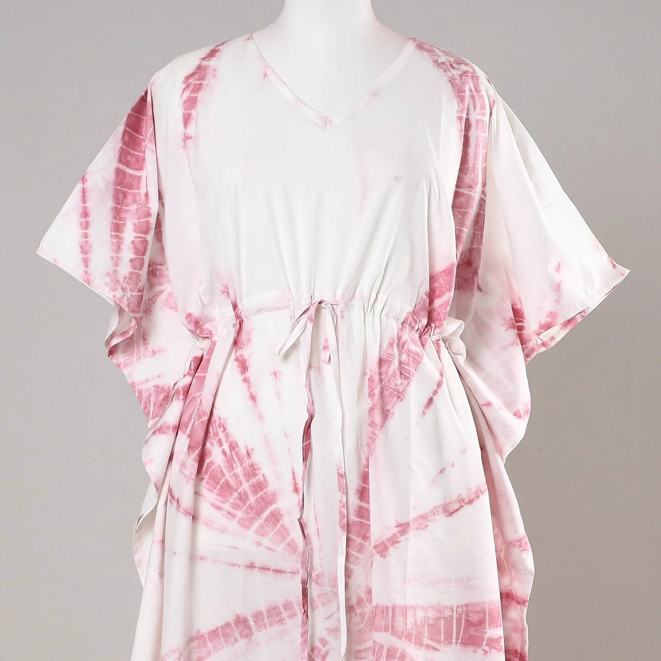 Red - Shibori Tie-Dye Cotton Kaftan with Tie-Up Waist (Long)