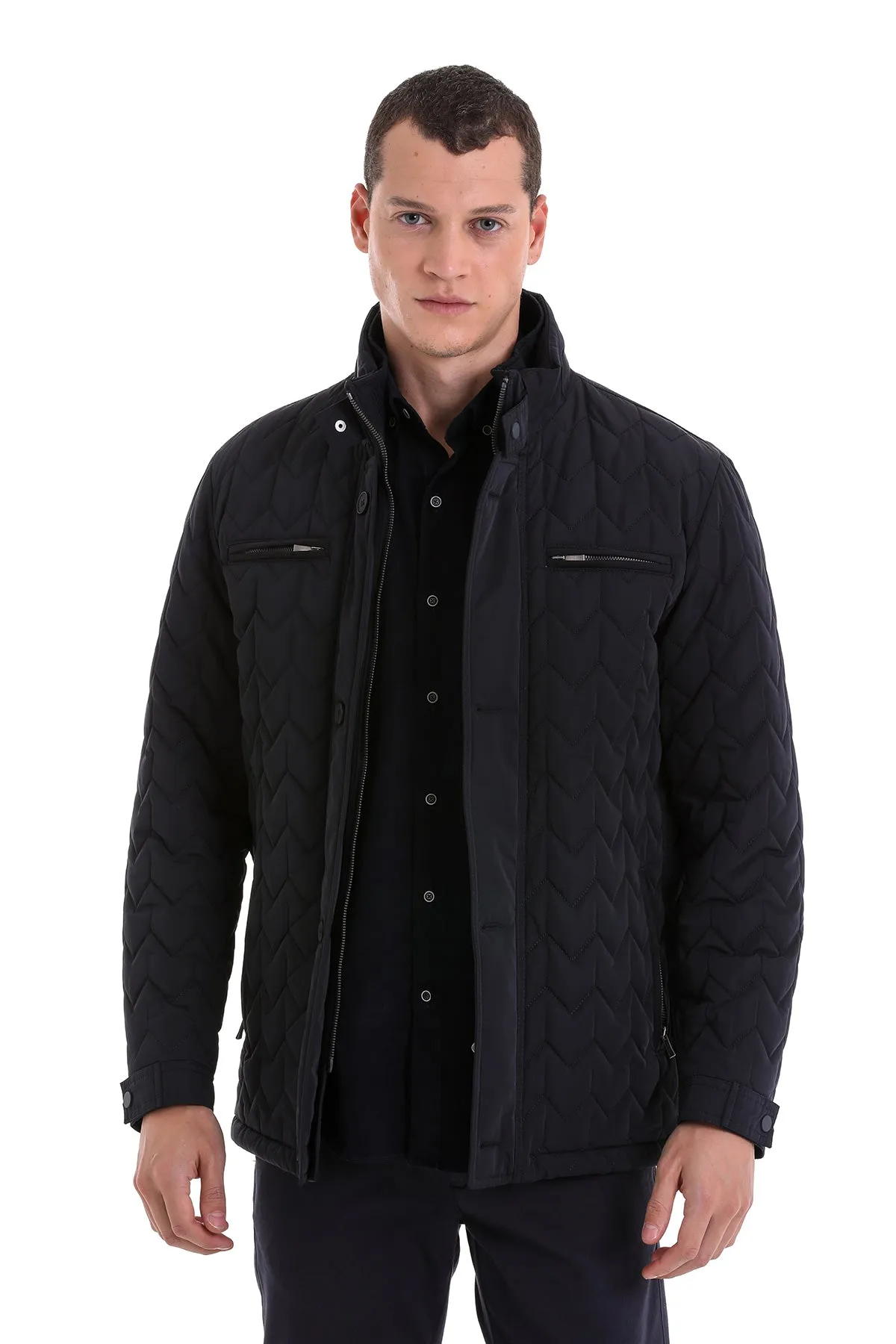 Regular Fit Quilted Stand Collar Navy Coat, Navy