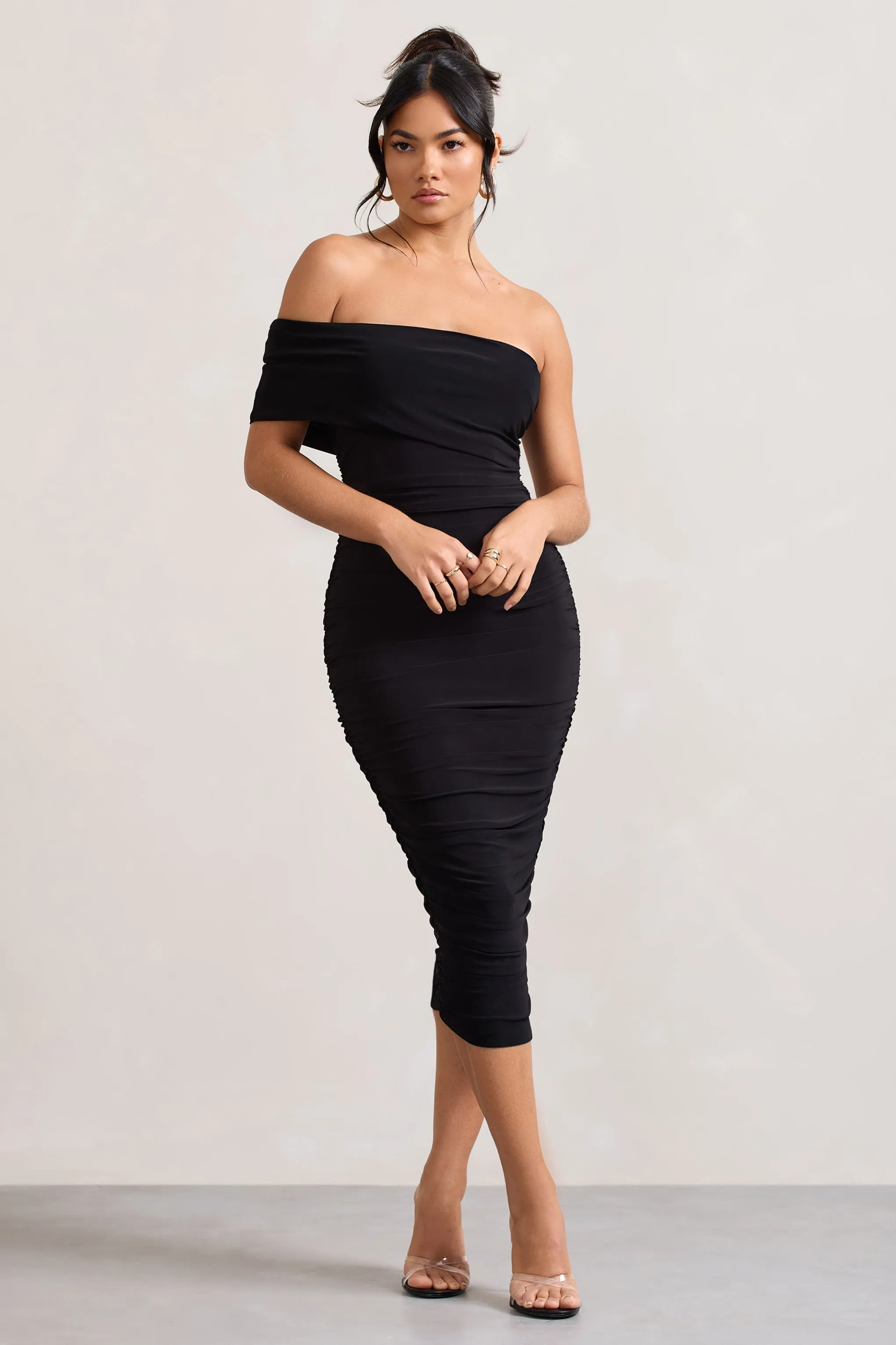 Remember Me | Black One Shoulder Midi Dress