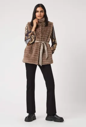 Ribbed Faux Fur Gilet with Belt Taupe