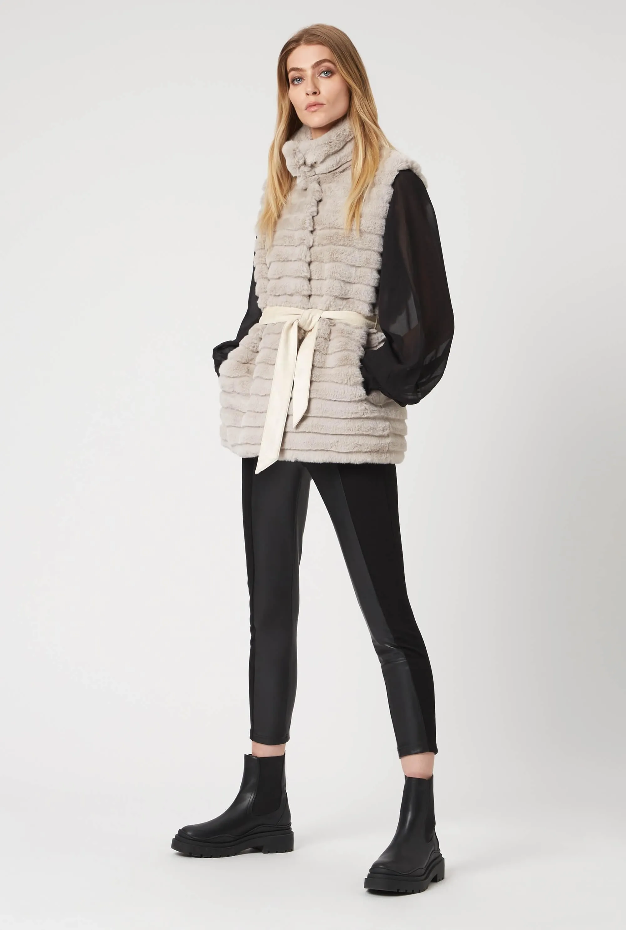 Ribbed Faux Fur Gilet with Belt