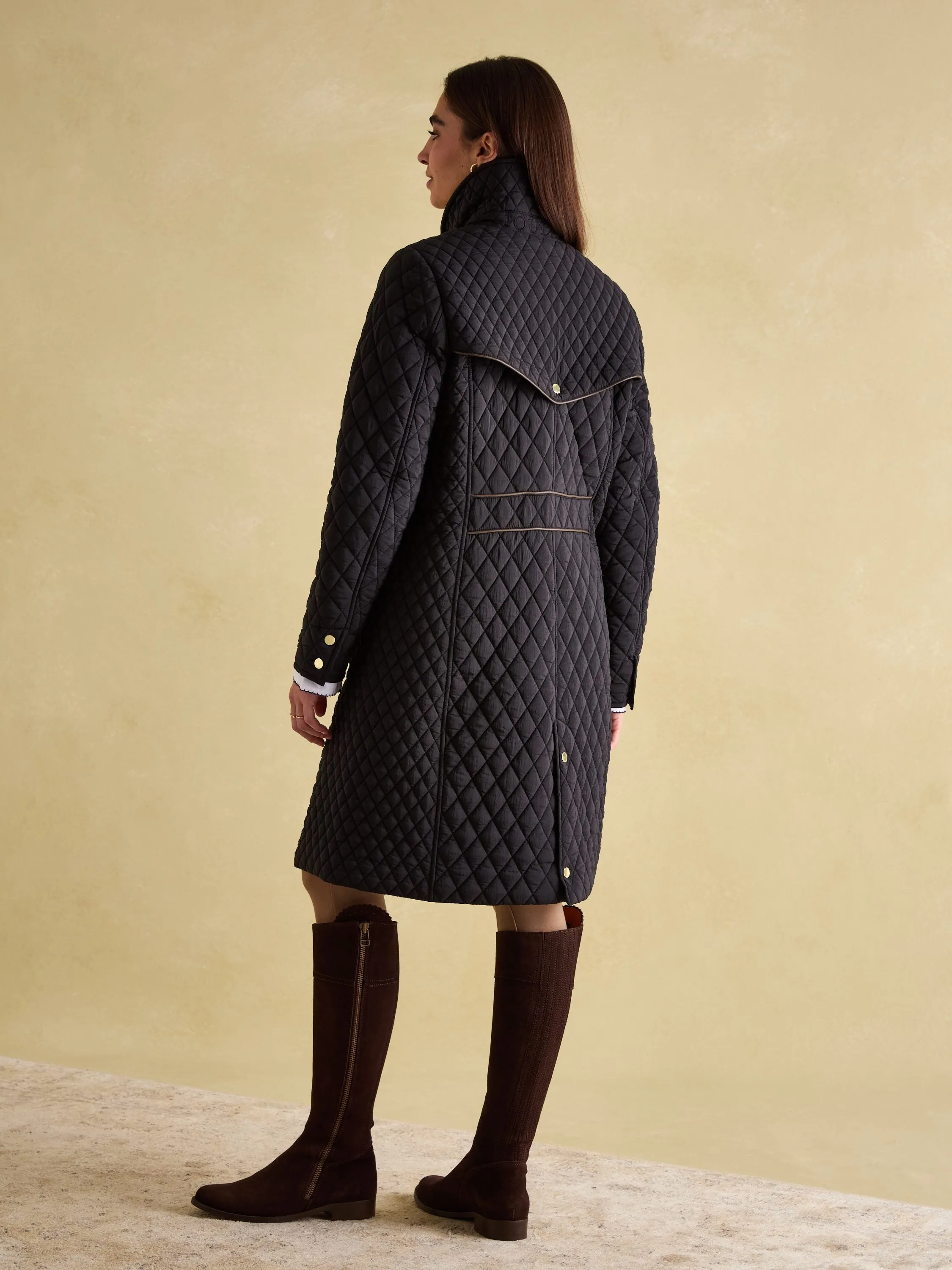 Rosewell Black Showerproof Longline Diamond Quilted Coat