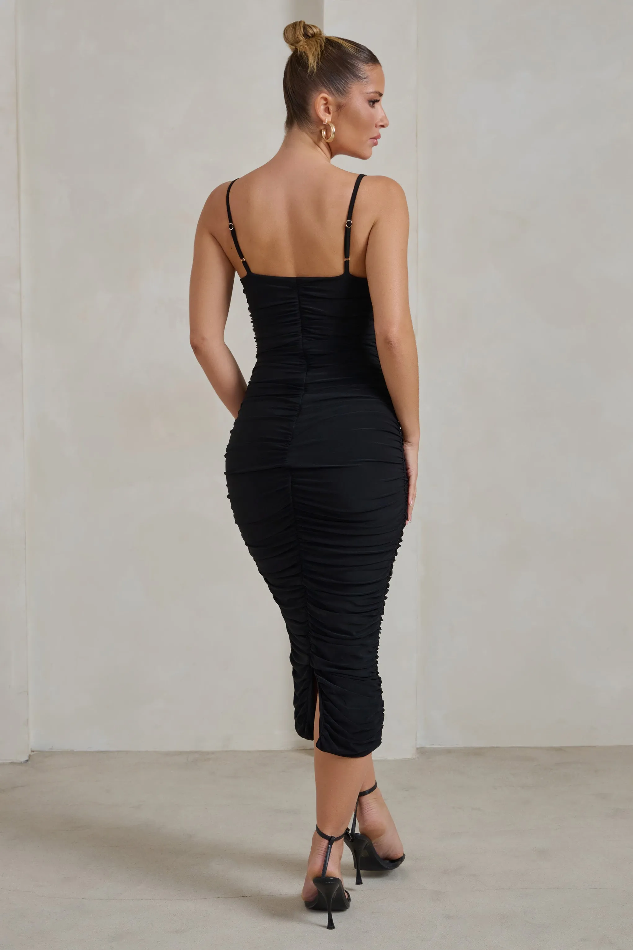 Saffy | Black Cami Mesh Ruched Midi Dress