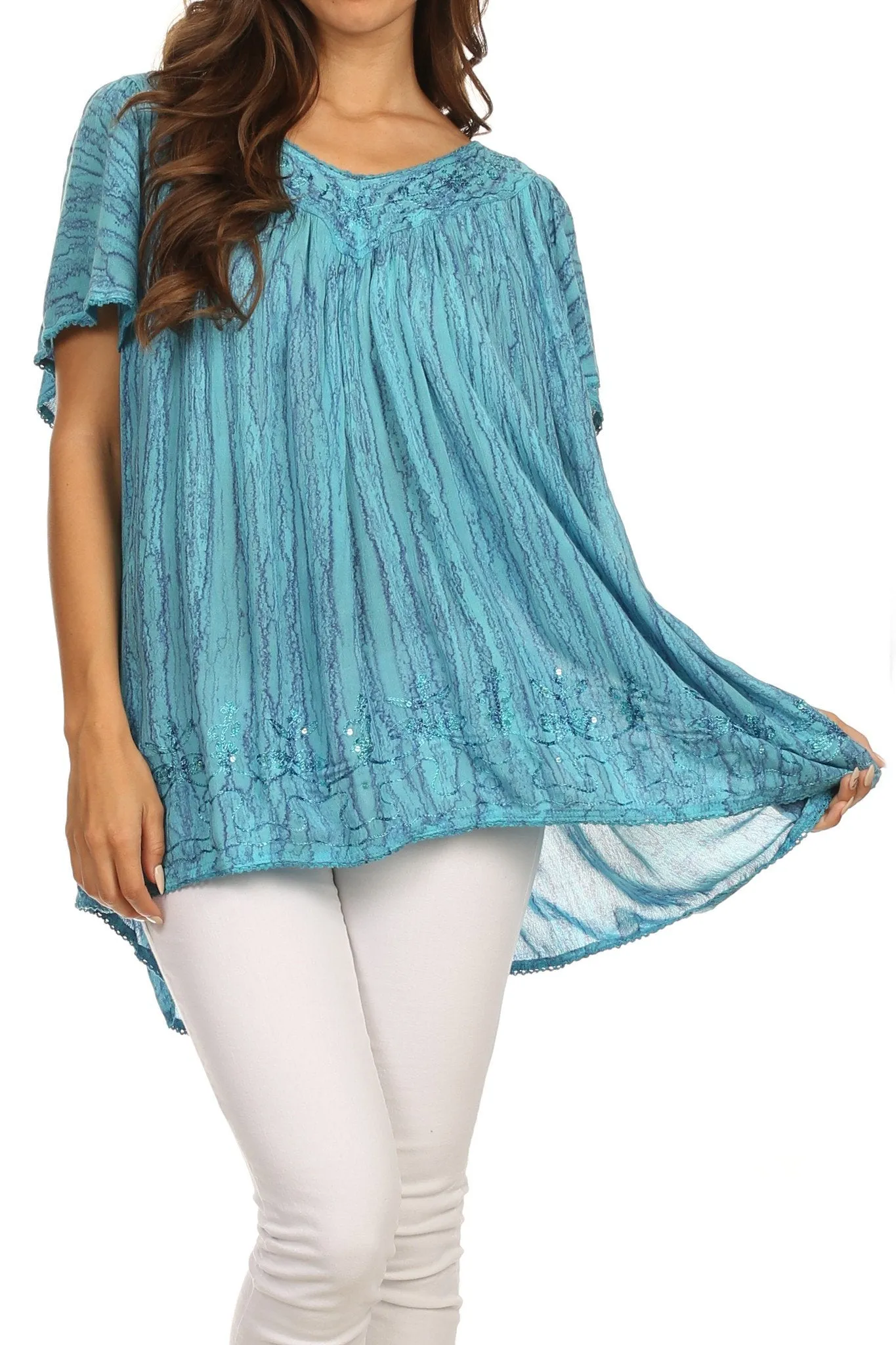 Sakkas Elaine Embroidered Batik Scoop Neck Relaxed Fit Flutter Sleeve Blouse