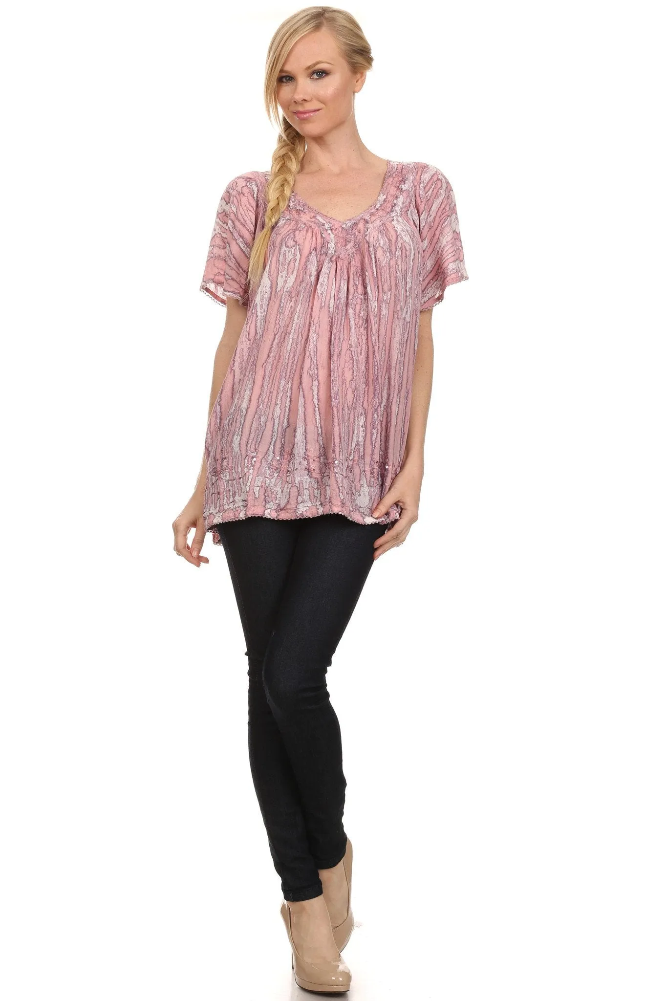 Sakkas Elaine Embroidered Batik Scoop Neck Relaxed Fit Flutter Sleeve Blouse