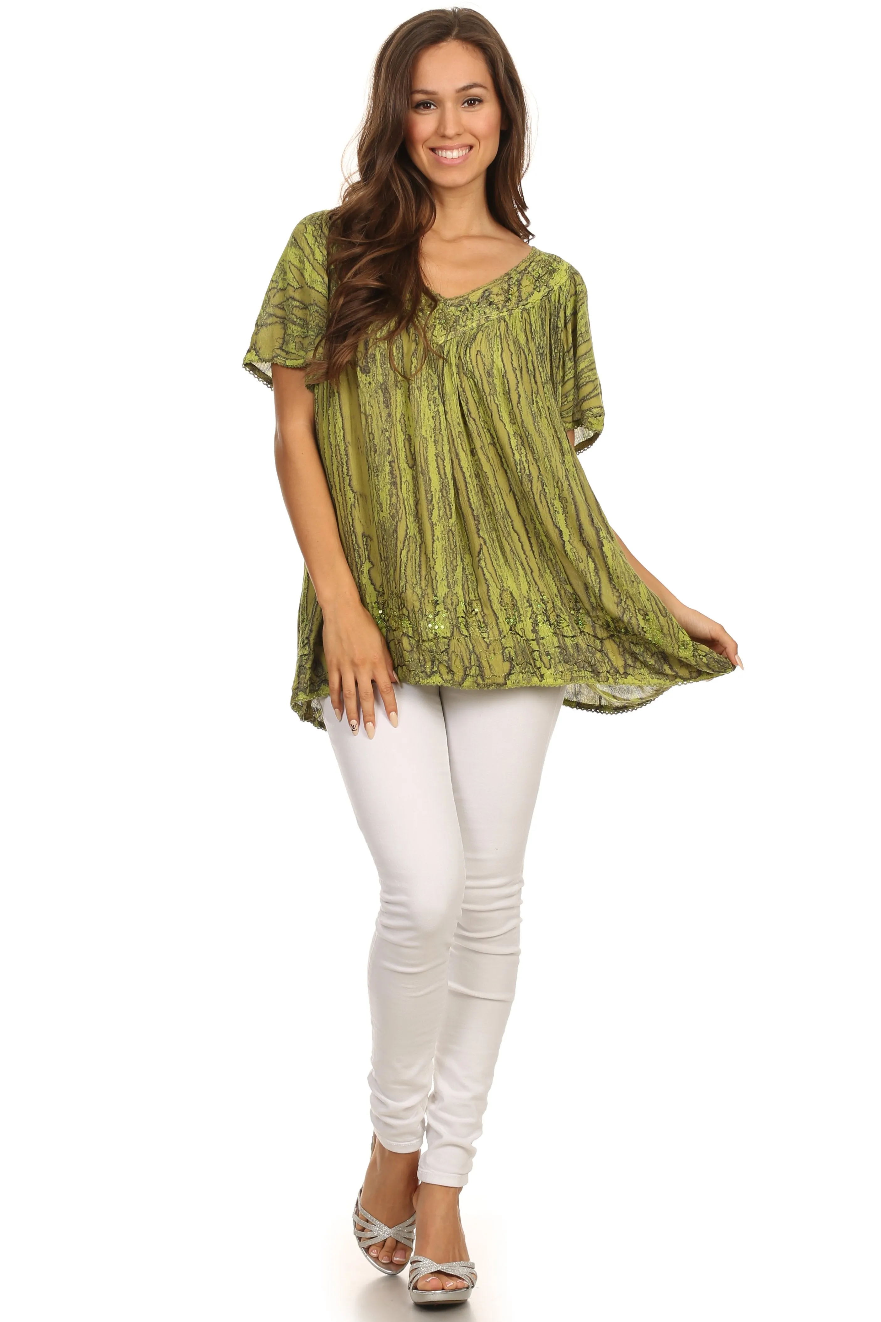 Sakkas Elaine Embroidered Batik Scoop Neck Relaxed Fit Flutter Sleeve Blouse