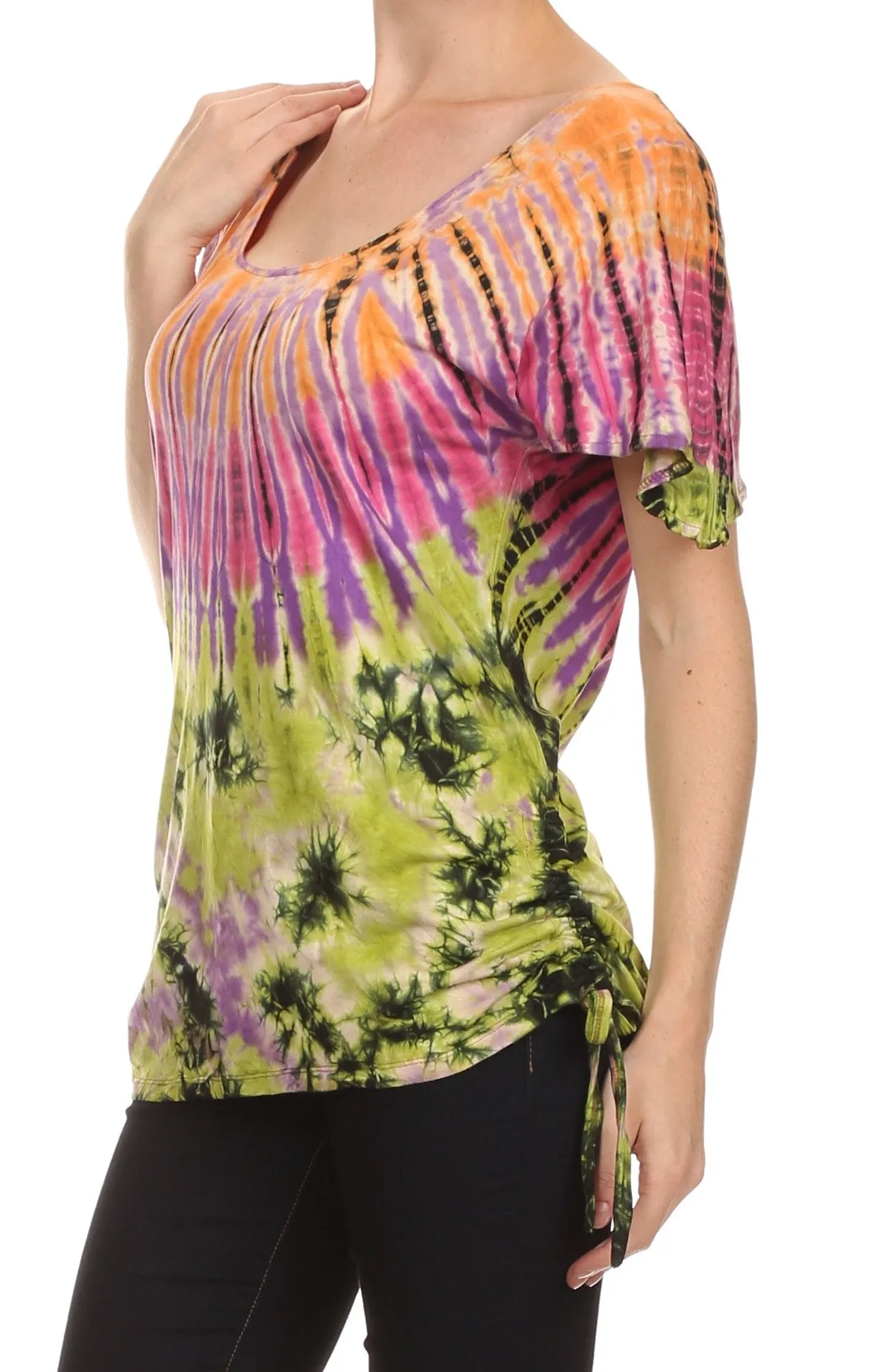 Sakkas  Harlie Tie Dye Blouse With High Low Adjustable Side Seam