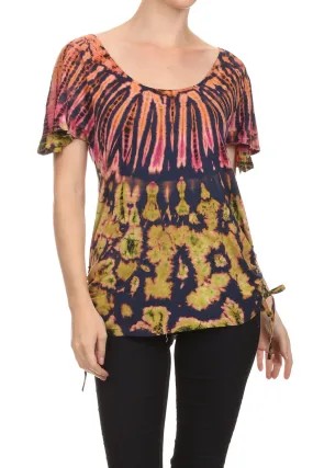 Sakkas  Harlie Tie Dye Blouse With High Low Adjustable Side Seam