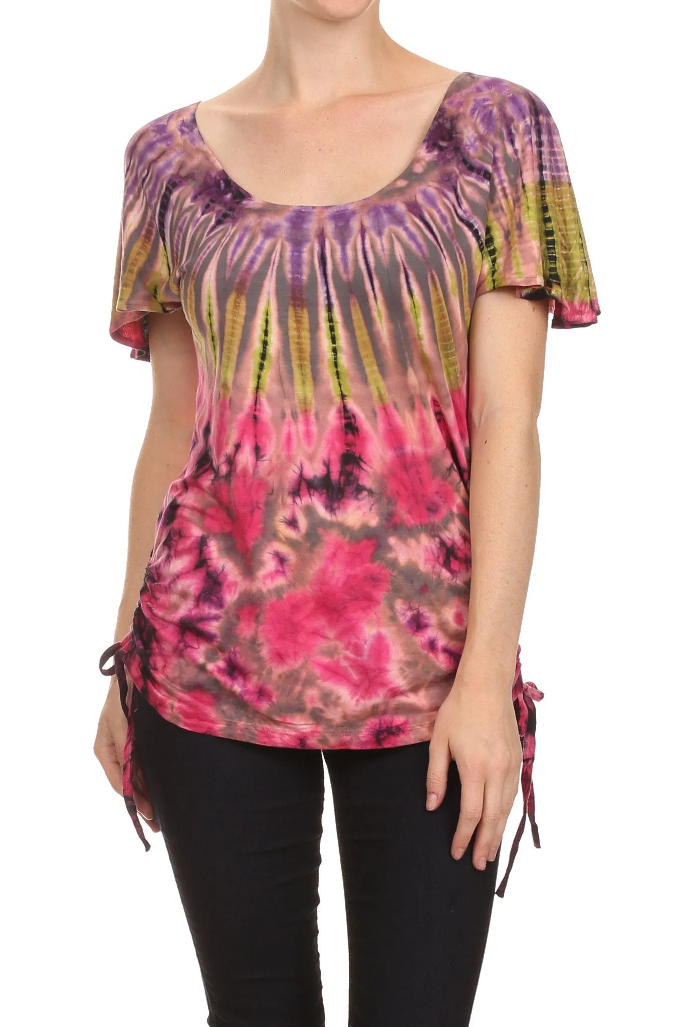 Sakkas  Harlie Tie Dye Blouse With High Low Adjustable Side Seam