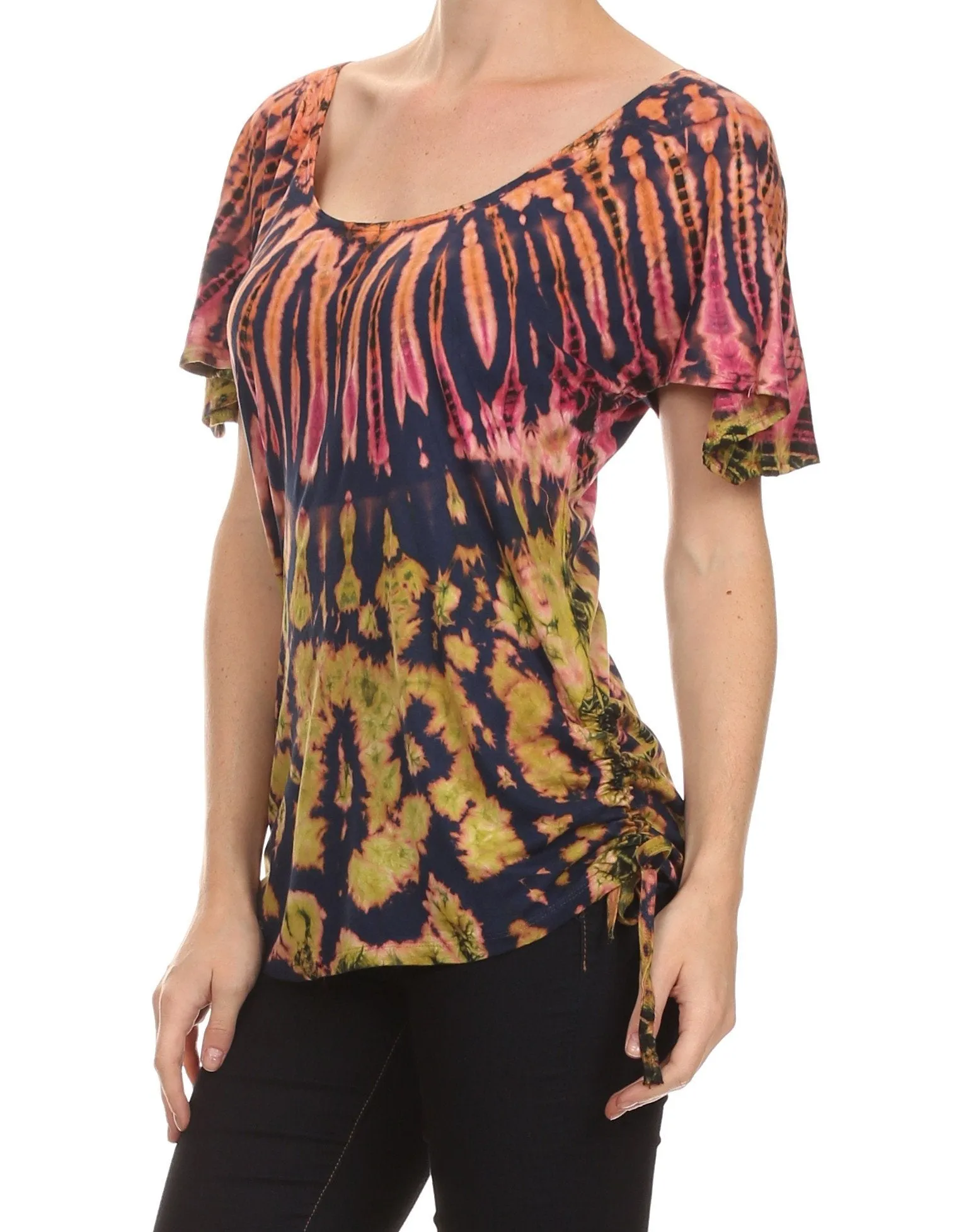 Sakkas  Harlie Tie Dye Blouse With High Low Adjustable Side Seam