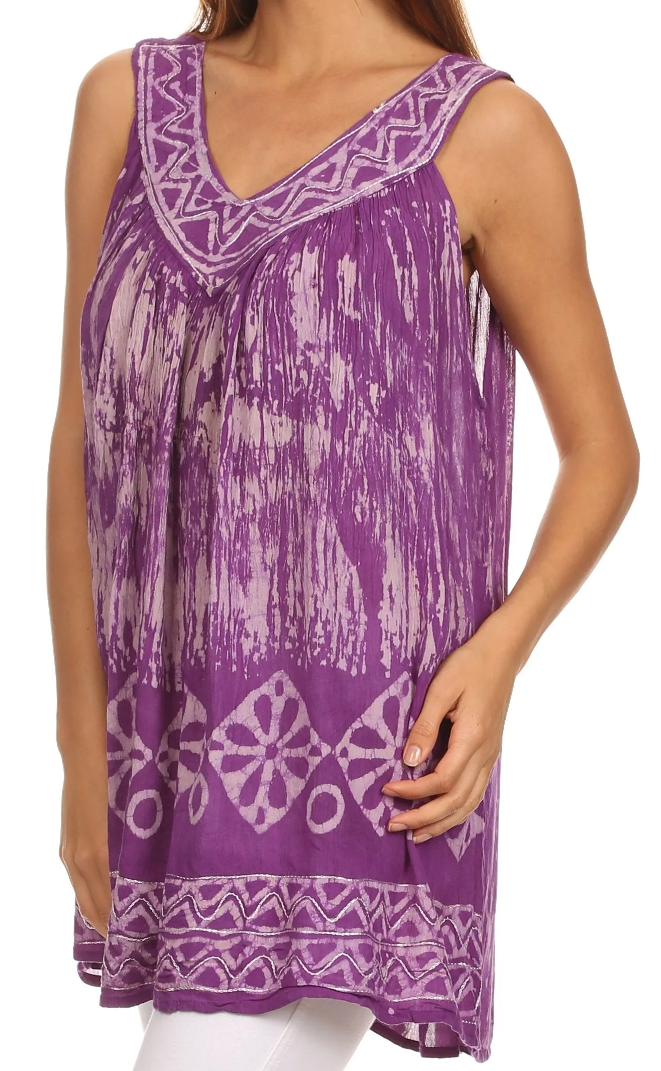 Sakkas Wanda May Embroidered Batik Scoop Neck Relaxed Fit Sleeveless Blouse