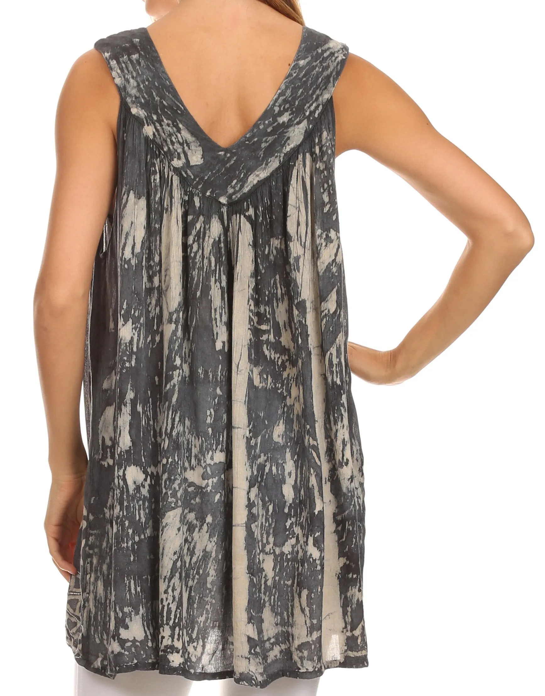 Sakkas Wanda May Embroidered Batik Scoop Neck Relaxed Fit Sleeveless Blouse