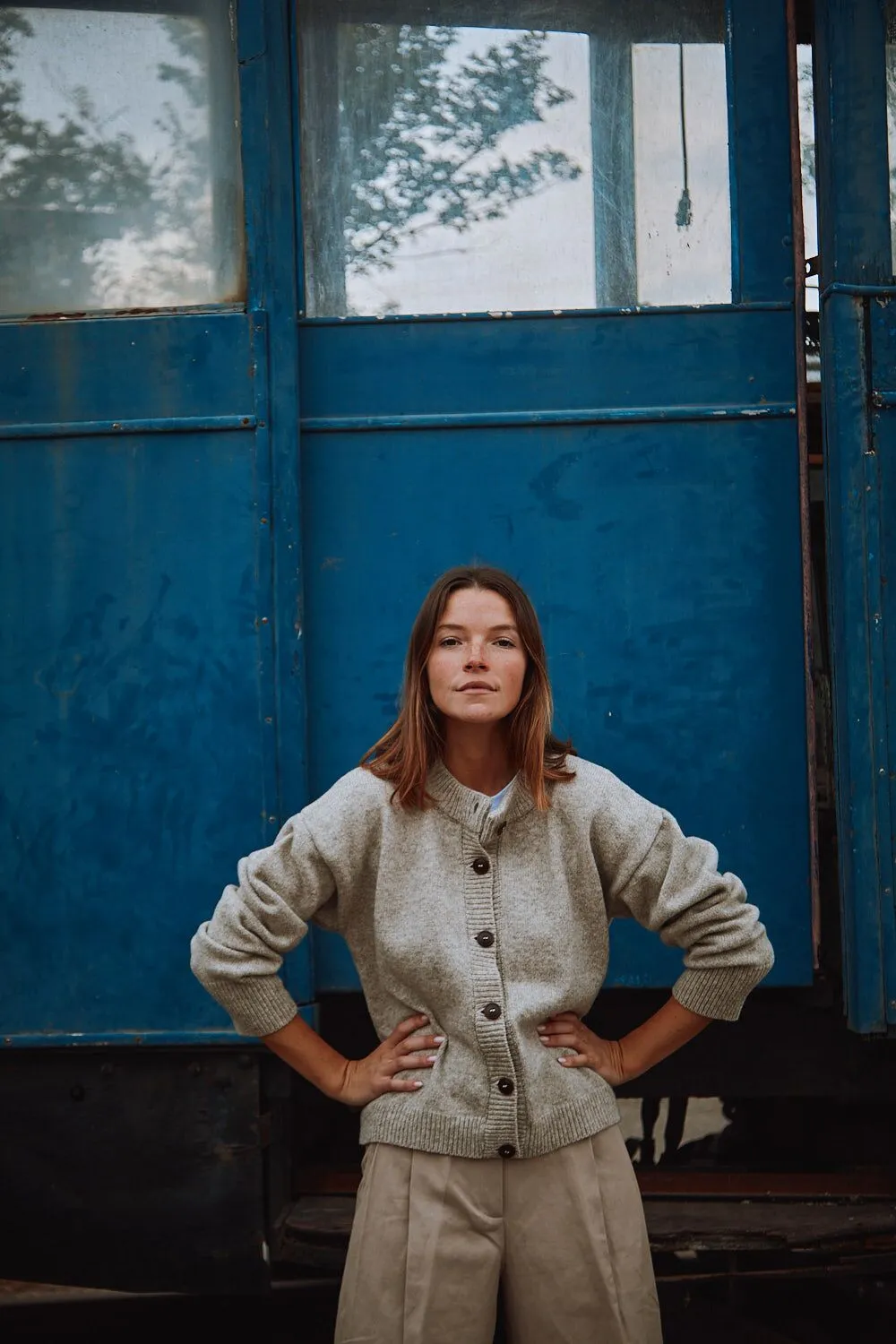 SANDRA Funnel-Neck Cardigan in Merino Wool - Beige