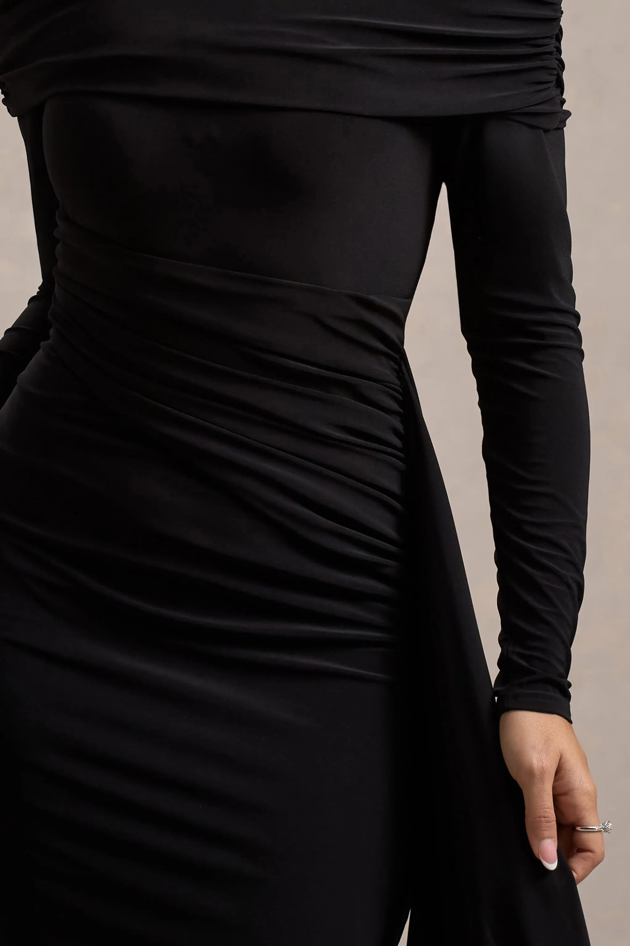 Savita | Black Ruched Asymmetric Mini Dress With Drape