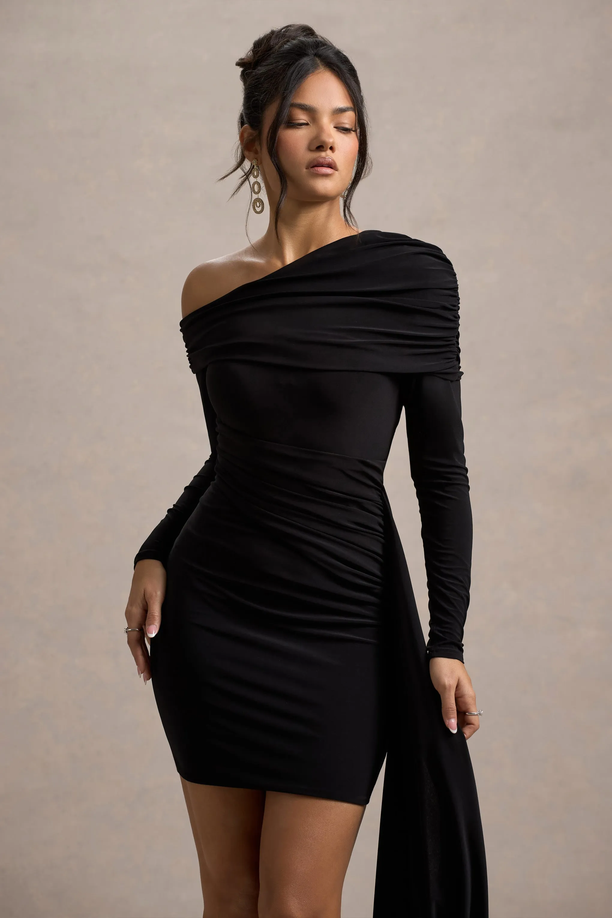 Savita | Black Ruched Asymmetric Mini Dress With Drape