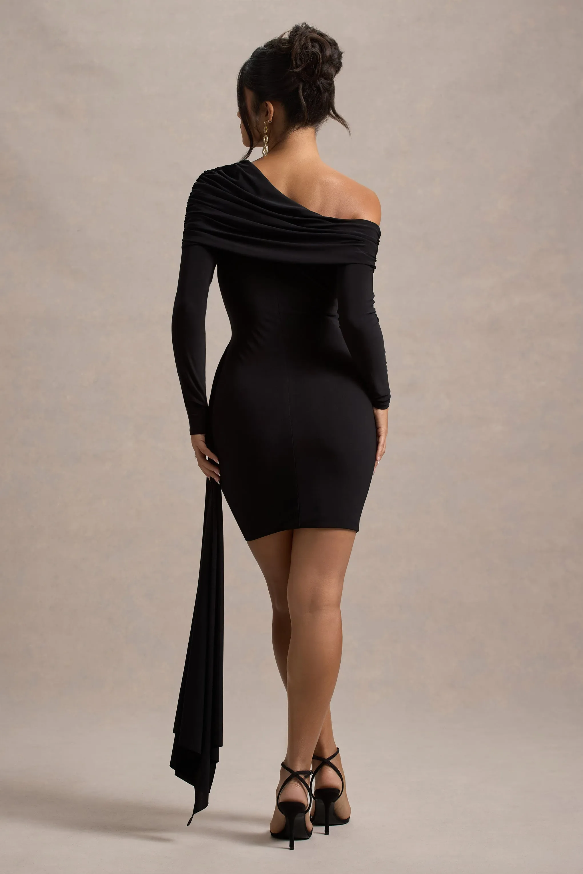 Savita | Black Ruched Asymmetric Mini Dress With Drape