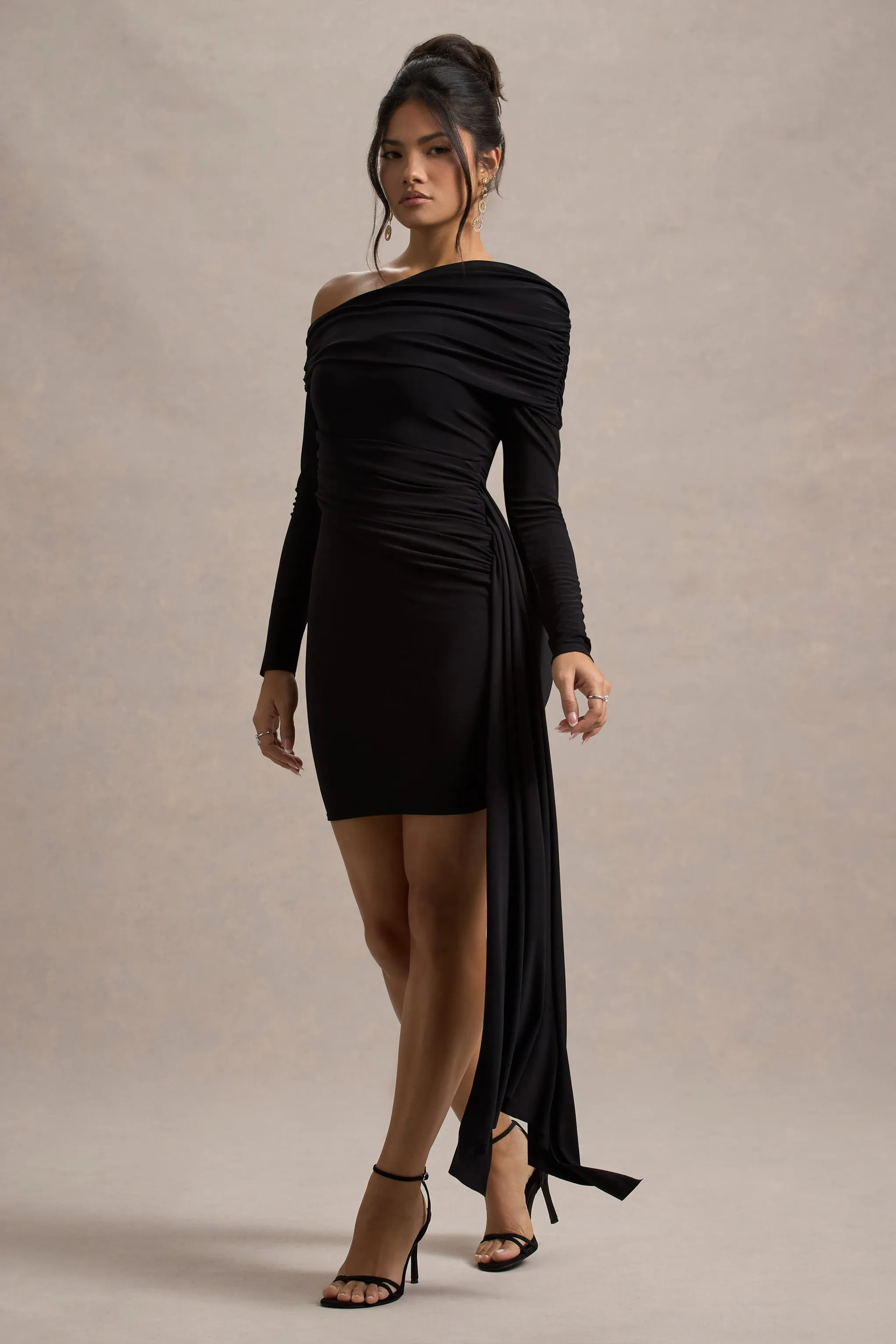 Savita | Black Ruched Asymmetric Mini Dress With Drape