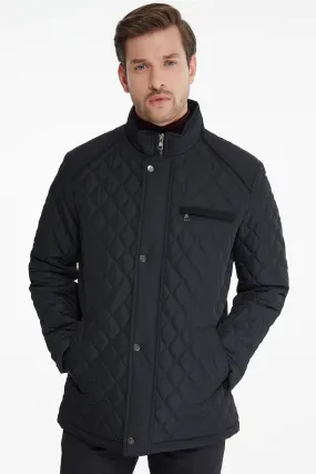 Slim Fit Black Quilted Full-Zip Stand Collar Coat