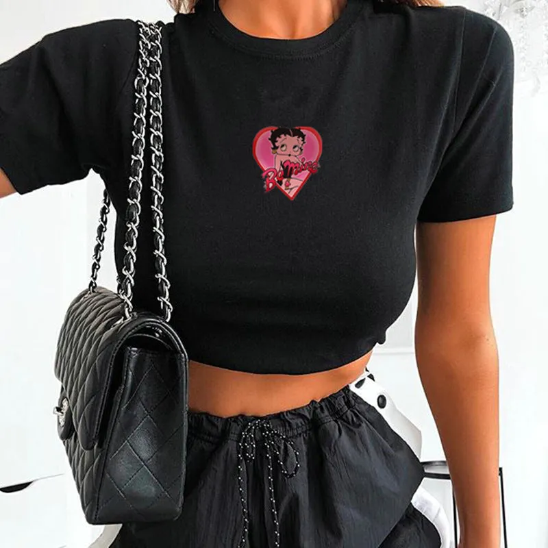 Summer Women Clothing New Cartoon Girl Print Short Slim Fit Short-Sleeved T shirt