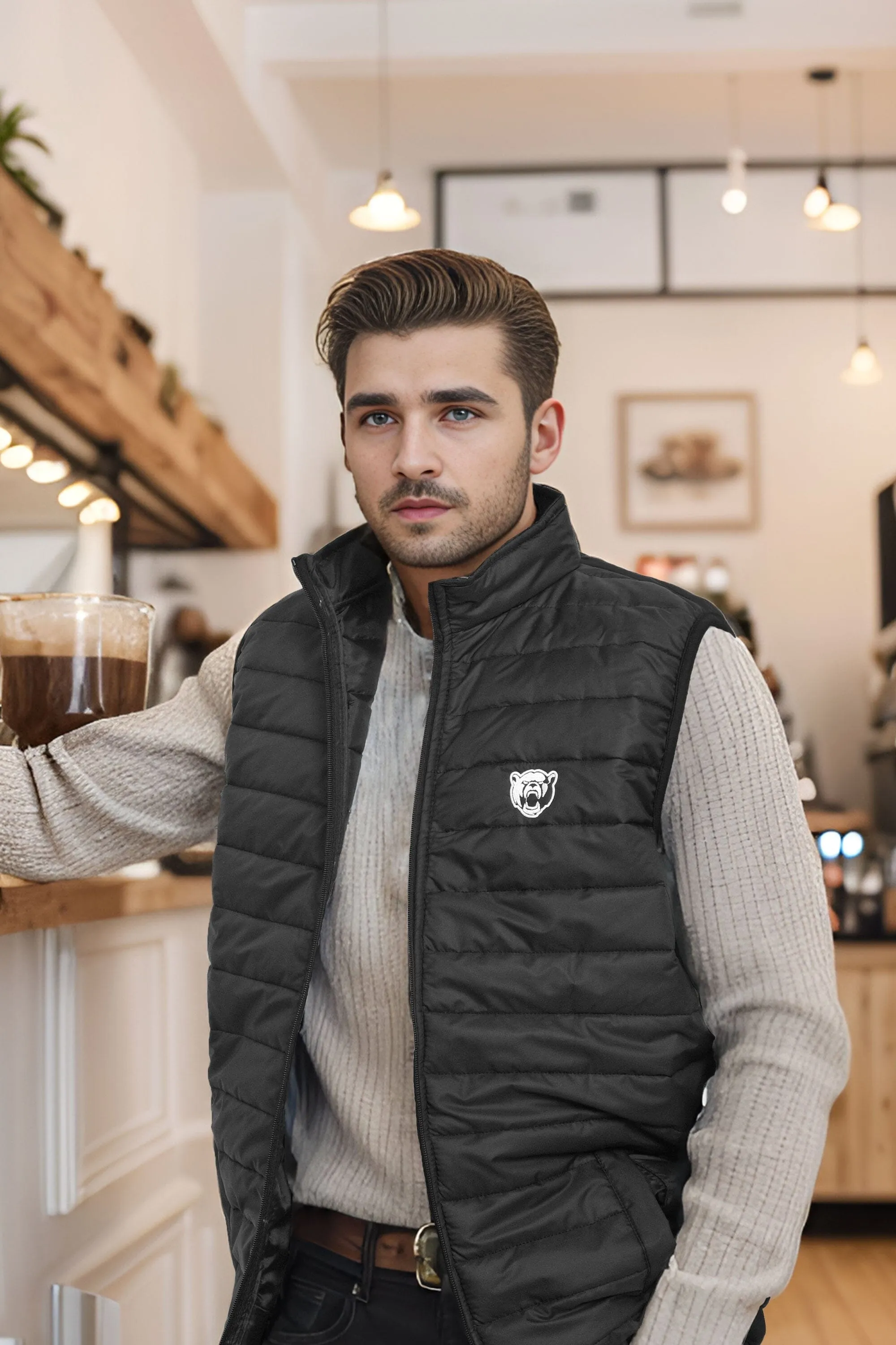 The Burnt Soul Men's Bear Embroidered Sleeveless Puffer Gilet