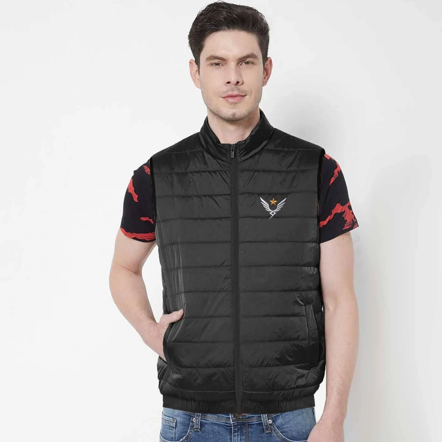 The Burnt Soul Men's French Wings Embroidered Sleeveless Puffer Gilet